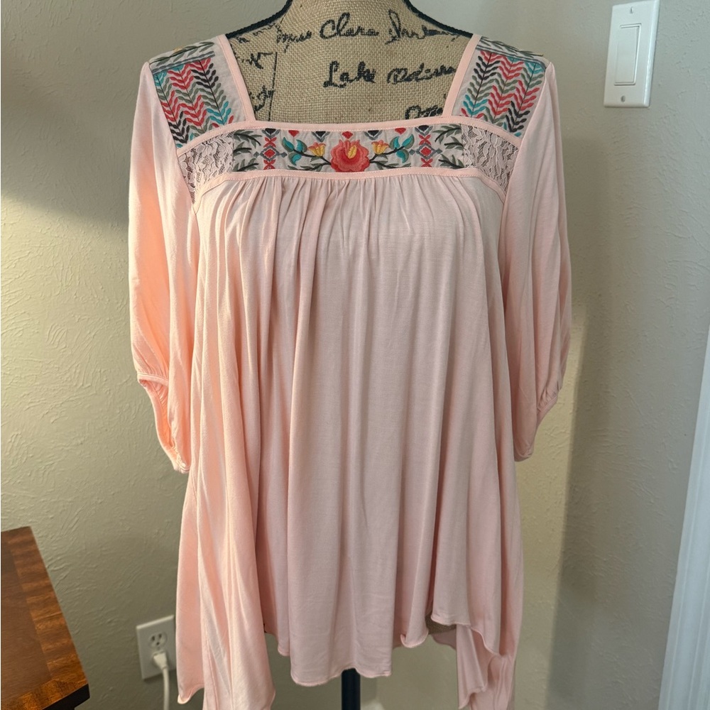 Grace & Lace Orange Pink Blouse with Bib Collar and 3/4 Bell Sleeves